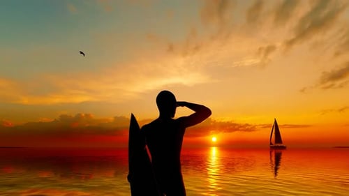 Sunset Ocean and Surfer Man