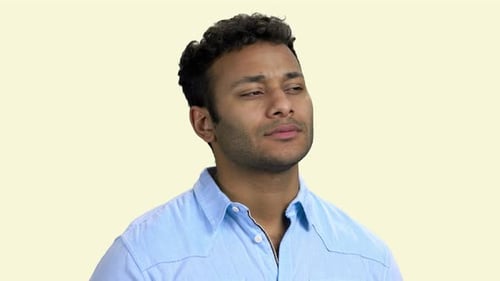 Man Smiles and Looks Up, Close Up