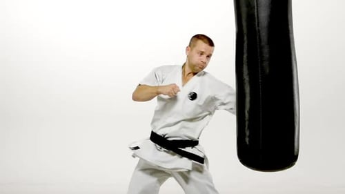 Man practicing martial arts on punching bag