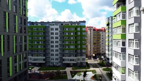 Aerial drone view of a flying over the modern residential building.