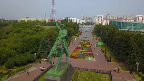 Ufa Bashkortostan Russia Monument to Salavat Yulaev in Ufa at Summer Cloudy Day Aerial Drone View