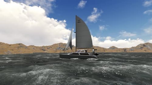 Modern 3D Catamaran Sailing on Rough Ocean Water