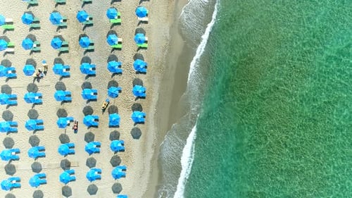 Aerial Sea Coast Sandy Beach Sun Umbrellas Sea Resort Europe