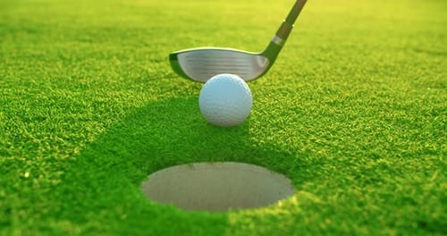 Golf Put By a Man on the Green. Ball Sinking Into the Hole. Closeup.