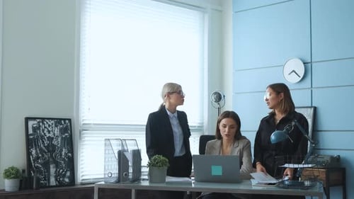 Young girls are talking about business in their office. Women at a business meeting talking