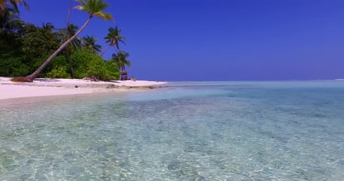 Tropical fly over abstract shot of a white paradise beach and blue sea background in high resolution
