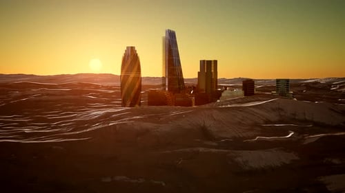 Wolkenkratzer der Stadt in der Wüste bei Sonnenuntergang