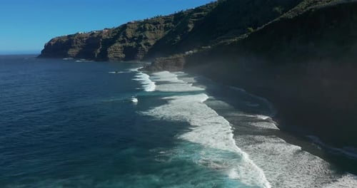Aerial View, Flying Over Volcanic Coast And Waves, Tenerife