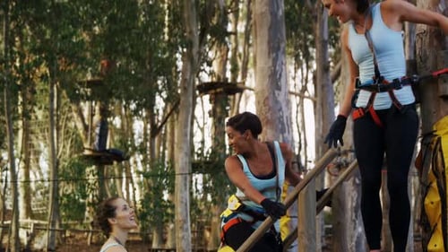 Women Enjoying High Ropes Course in the Forest