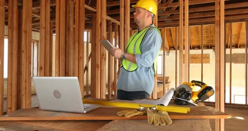 Construction worker using digital tablet and laptop computer
