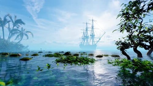 Lush Tropical Swamp with Distant Tall Ship Animation