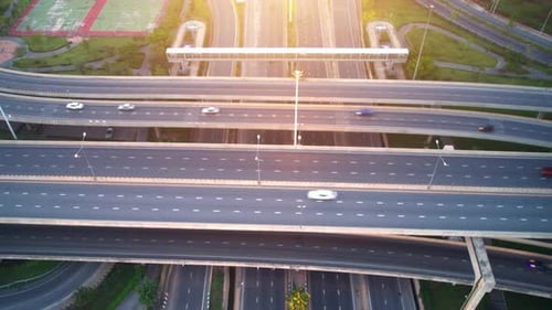 4K : Hyperlapse drone shot over highway multi-level junction road.