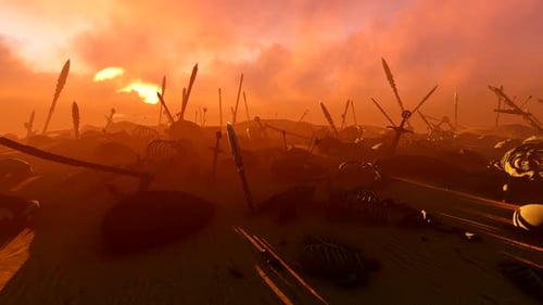 Ancient War Battlefield with Skeletons and Weapons at Sunset