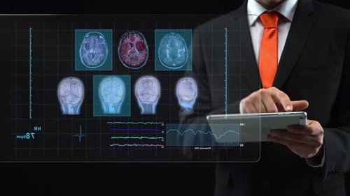 Man Working at Technological Medical Digital Holographic Monitor, a Human Hologram.