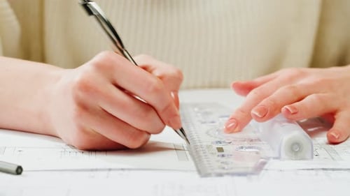Architect Designer Drawing Plan Blueprint Closeup
