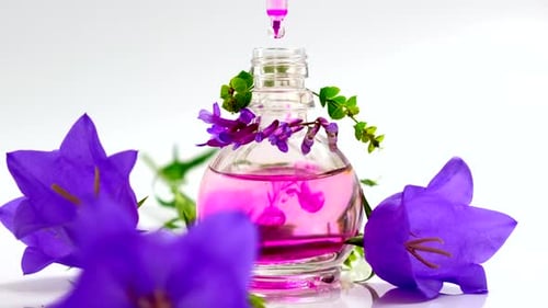 Produto de óleo essencial. Perfumaria. Gotas caindo da pipeta cosmética para o frasco de vidro com perfume