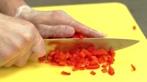 CU Slow Motion Cook Very Quickly Cuts Fresh Bulgarian Peppers