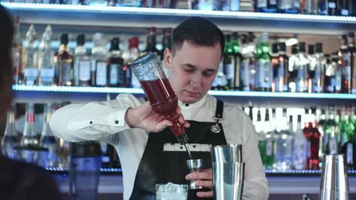 Young Handsome Barman in Bar Interior Mixing Alcohol Cocktail
