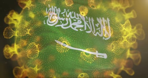 Bandera de Arabia Saudita centrada en el microbio del coronavirus