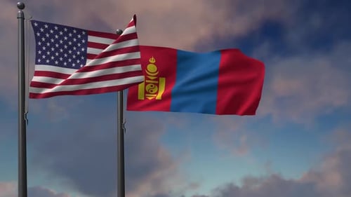 USA and Mongolia Flags Waving on Flagpoles Against Blue Sky