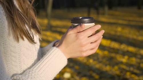 Lonely Girl Sipping Coffee in Beautiful Autumn Park, Enjoying Solitude, Inspired
