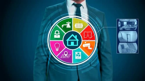 Businessman Interacting with Futuristic Smart Home Holographic UI