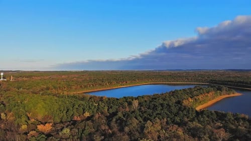Dreamy sunrise above in autumn forest colorful mist between trees on over small pond