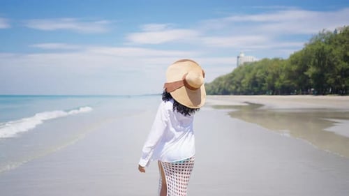4K Portrait of Beautiful African woman walking on tropical beach in summer sunny day.