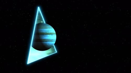 Mouvement de la planète Jupiter à travers le portail sur fond de ciel étoilé