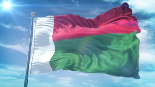 Realistic Flag Waving in Blue Sky with Sun Flare
