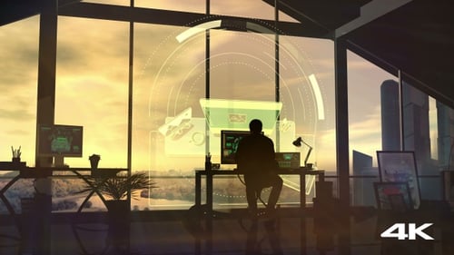 Am Abend arbeitet ein Designer am Tisch im Büro 4K