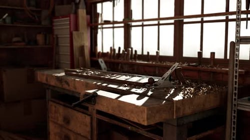 Retro Stylized Old Tools on Wooden Table in a Joinery