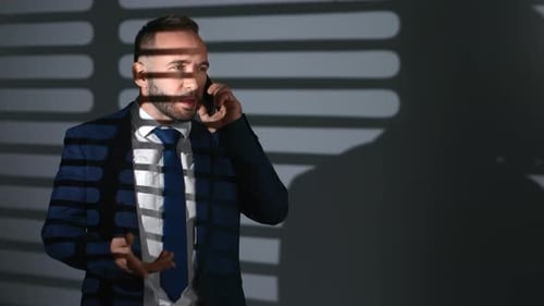 Confident Business Man Tie Suit Talking Smartphone Discussing Job at Night Office Jalousie Shadow