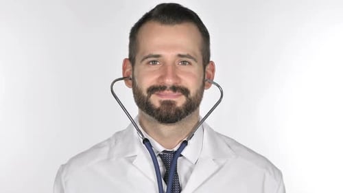 Smiling Doctor Places Stethoscope Around Neck