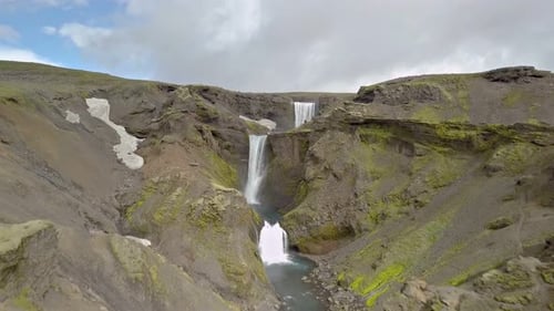 Aerial View of Waterfalls in Volcanic Nature in Iceland
