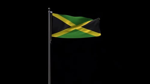 Waving Jamaican Flag on a Pole Against Black Background