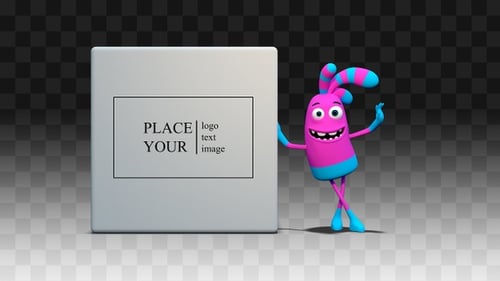 Animated 3D Cartoon Character Waving Next to Blank Box