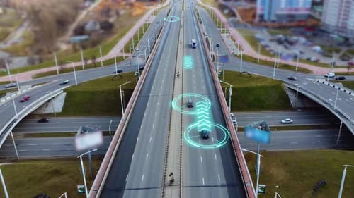 Autonomous Self Driving Cars Moving Through City Highway