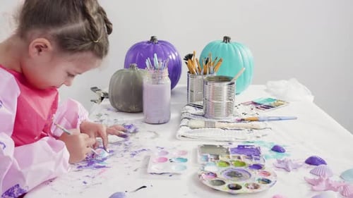 Step by step. Painting craft pumpkin with acrylic paint to create decorated mermaid Halloween pumpki
