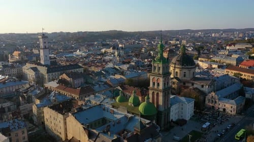 Aerial Video of Uspinska Church in in Central Part of Old City of Lviv, Ukraine
