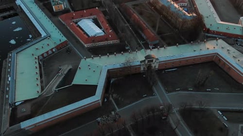 Flight Over the Peter and Paul Fortress at Sunset. View of the Historic Center of St. Petersburg.
