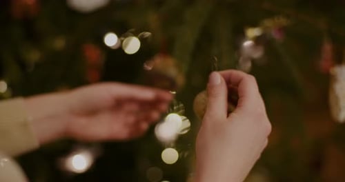 Decorating Christmas Tree With Gold Ornament