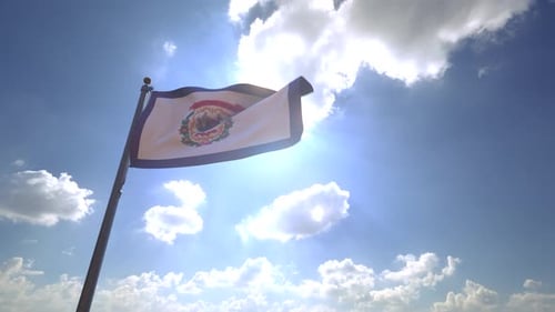 West Virginia State Flag Waving with Bright Sun and Clouds