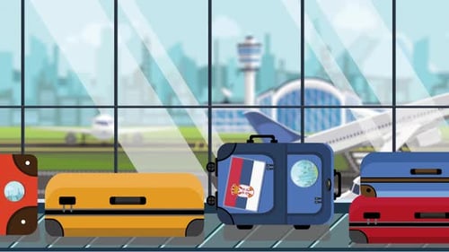 Flat Design Animated Luggage with Serbian Flag at Airport