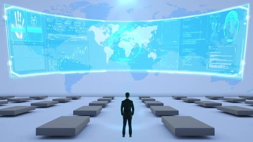 Futuristic Global Data Analysis and Business Interface Display