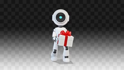White Robot Walking and Delivering a Gift Box Animation