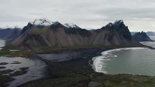 Drone Over Black Sand Beach Towards Vestrahorn Mountain