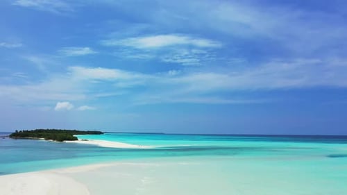 Aerial top down panorama of exotic sea view beach vacation by blue sea and white sandy background of