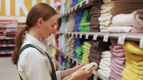 Young Customer Picks Bright Terry Towel in Mall Closeup