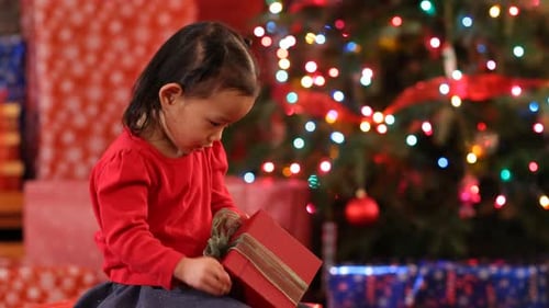 Toddler With Christmas Gift in Holiday Setting